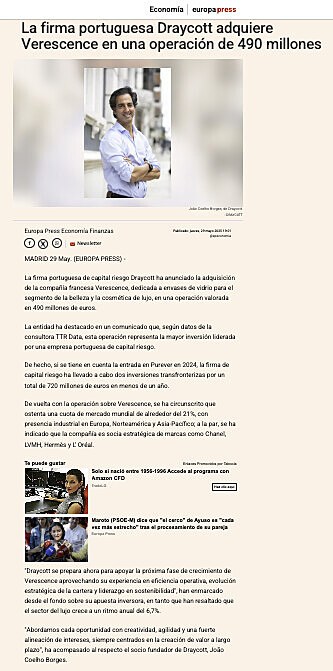 La firma portuguesa Draycott adquiere Verescence en una operacin de 490 millones